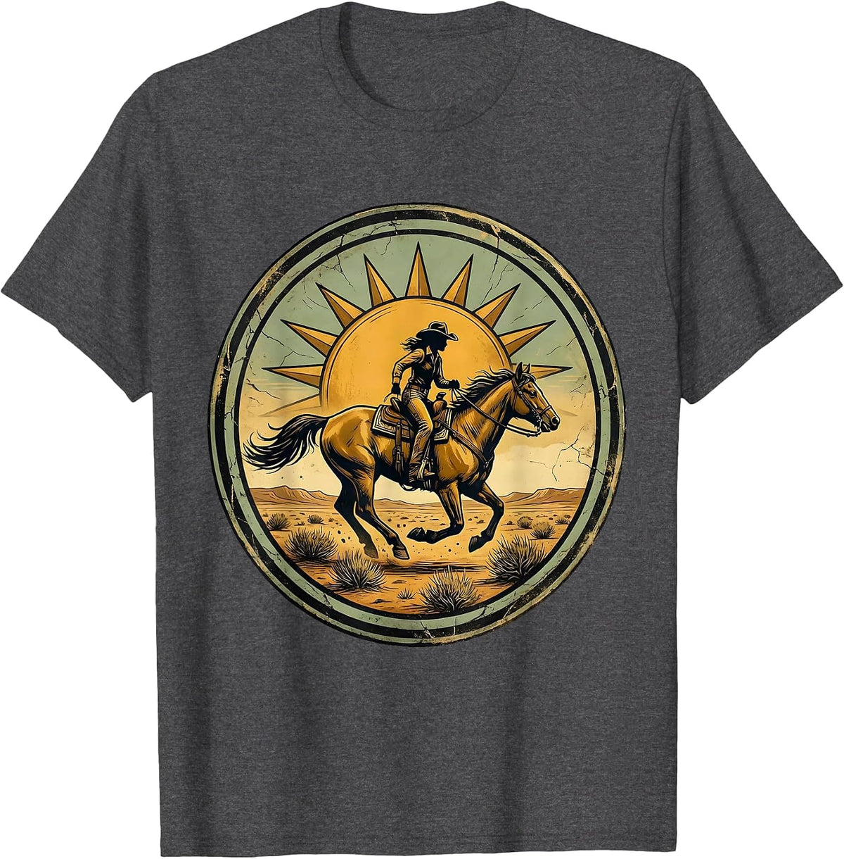 Men's Cowgirl on Horseback Chasing Tumbleweeds T-Shirt - Dark Heather Grey
