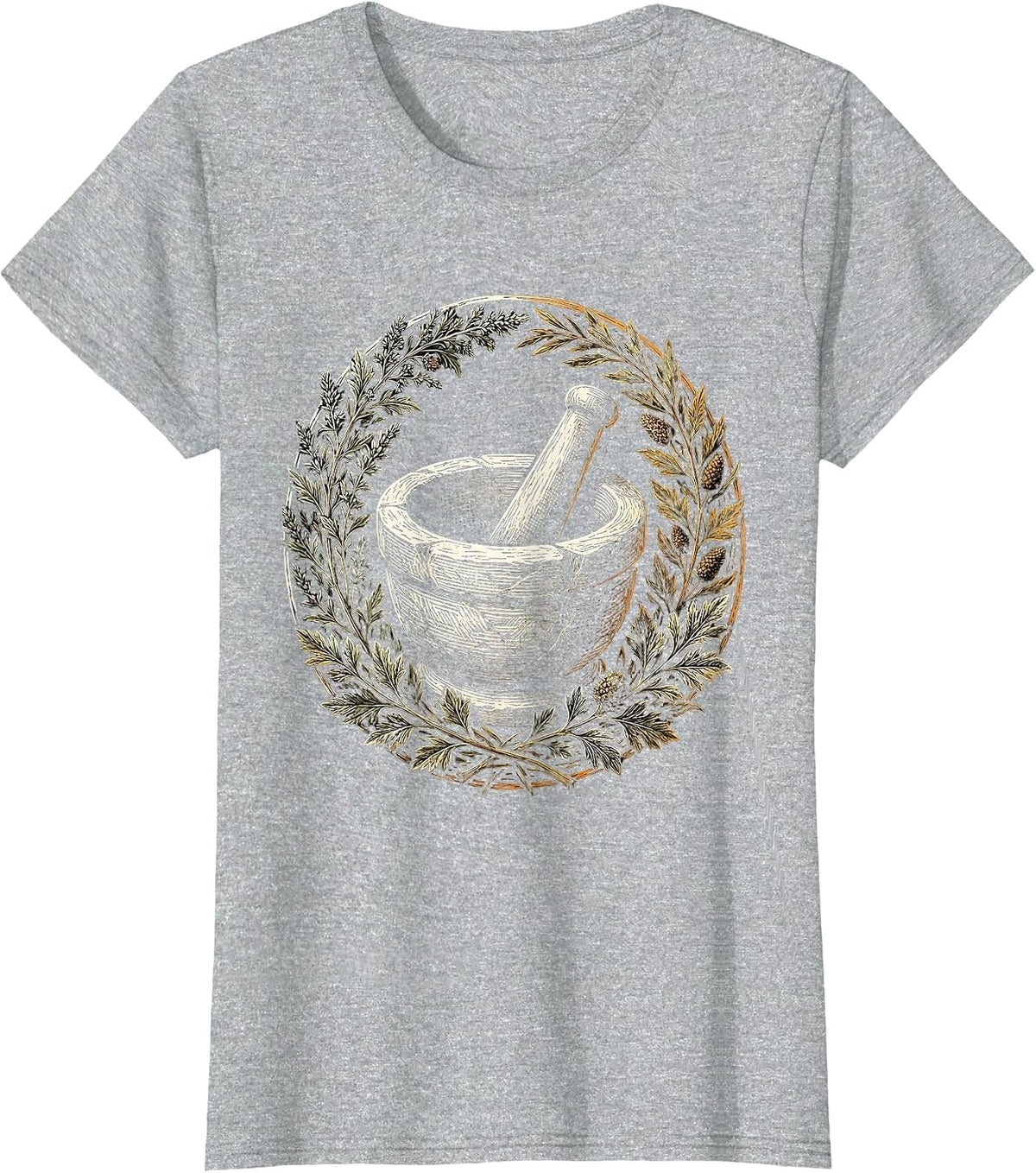 Renaissance Apothecary Mortar and Pestle Botanical Art T-Shirt - Heather Grey