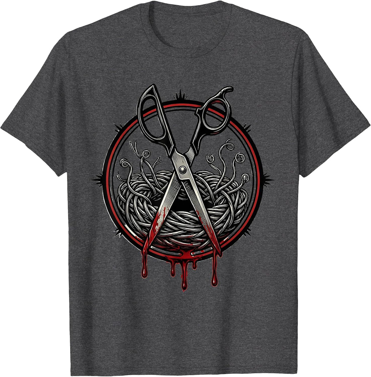 Bloody Scissors Cutting Wire Graphic Design T-Shirt - Dark Heather Grey
