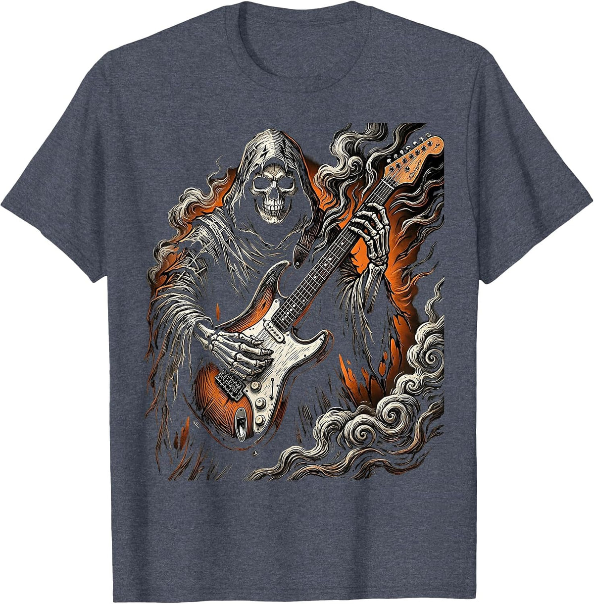 Grim Reaper Electric Guitar Halloween Design T-Shirt - Heather Blue