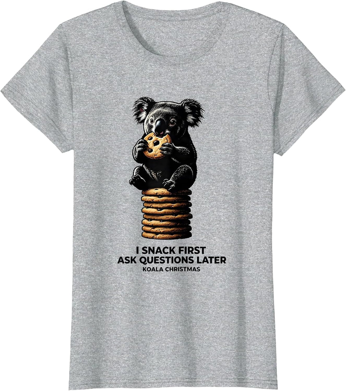 Women's I Snack First, Ask Questions Later Koala Christmas Cute T-Shirt - Heather Grey