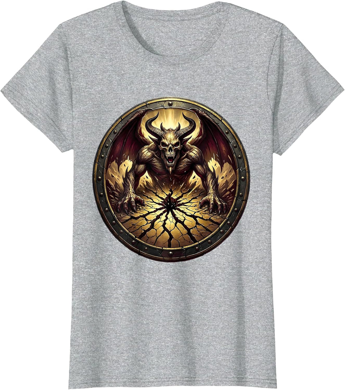 Demon Rising From Cracked Earth Heavy Metal Art T-Shirt - Heather Grey