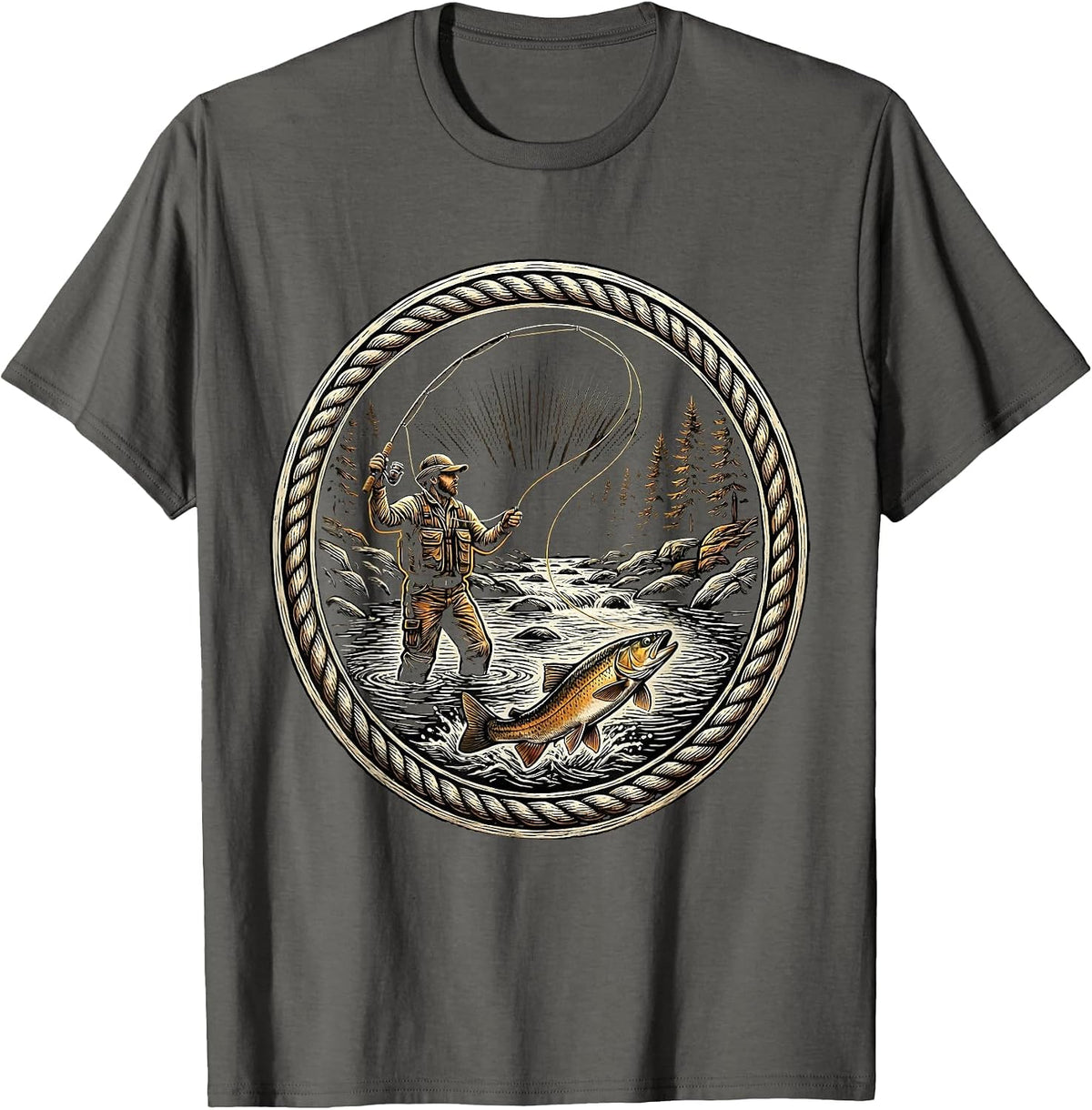 Fly Fisher Casting in Stream Trout Fishing T-Shirt - Asphalt Grey