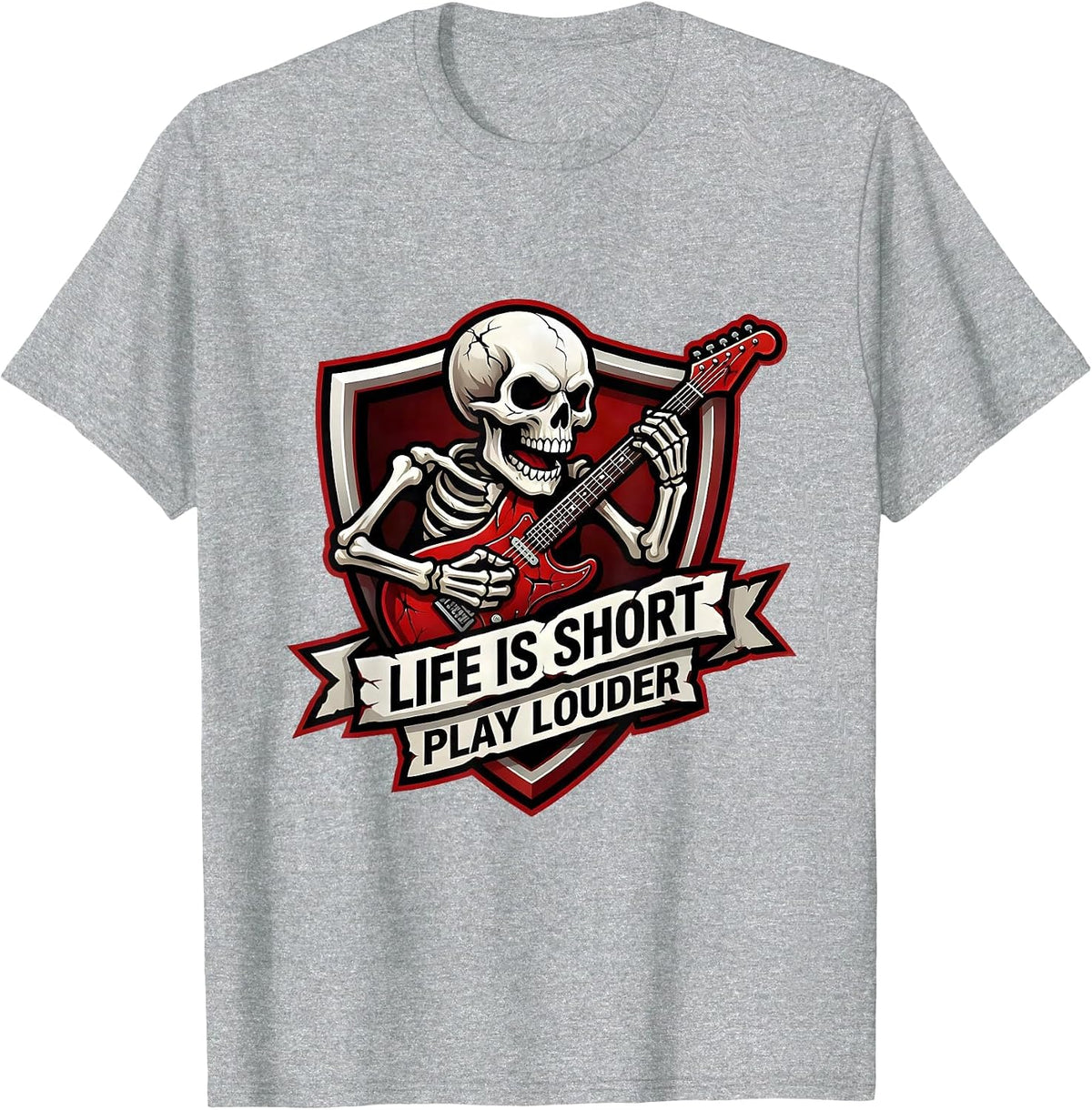 Men's Life Is Short Play Louder Death Metal Design T-Shirt - Heather Grey