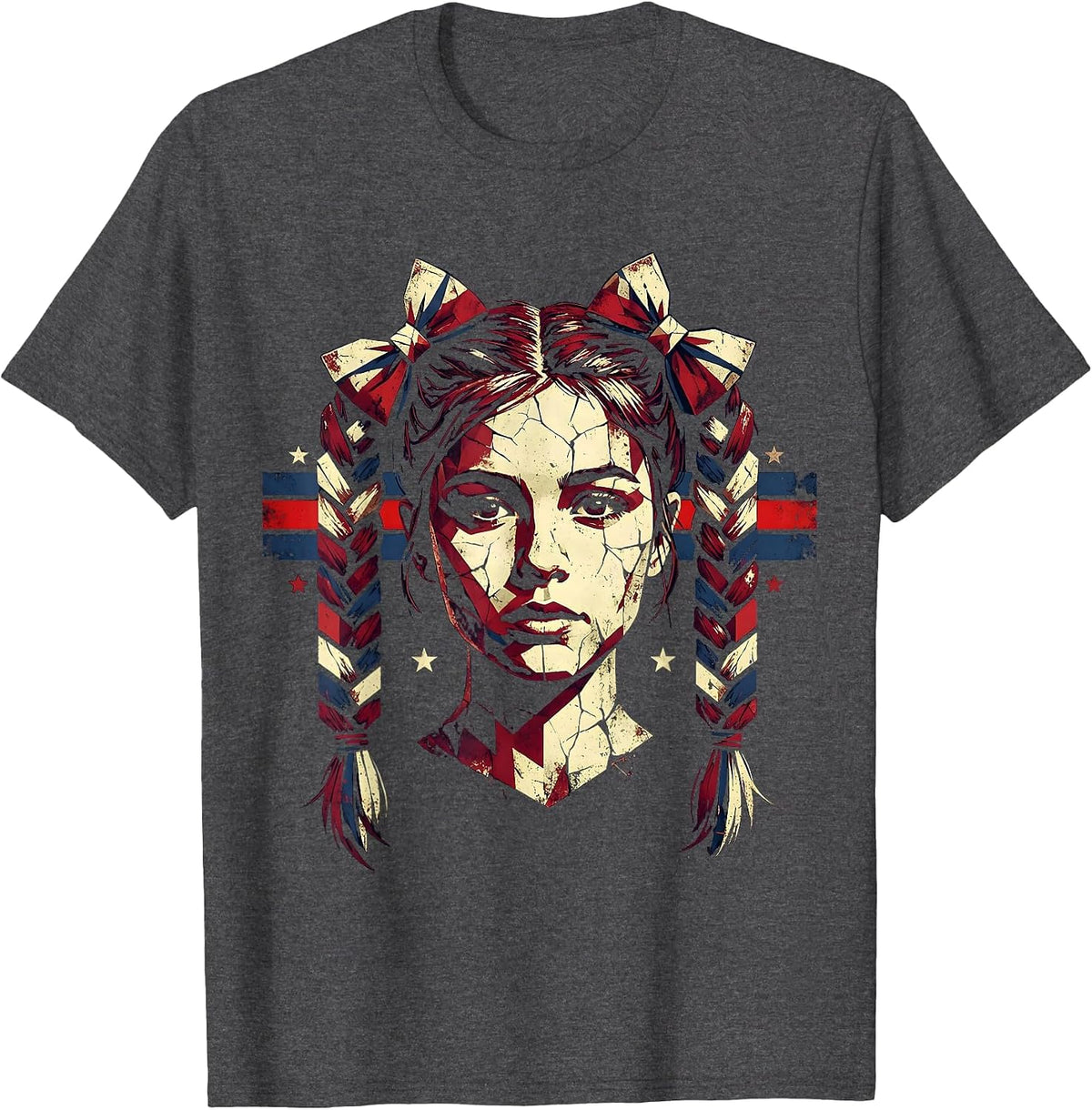 Patriotic Braids and Ribbon Bows Illustration T-Shirt - Dark Heather Grey