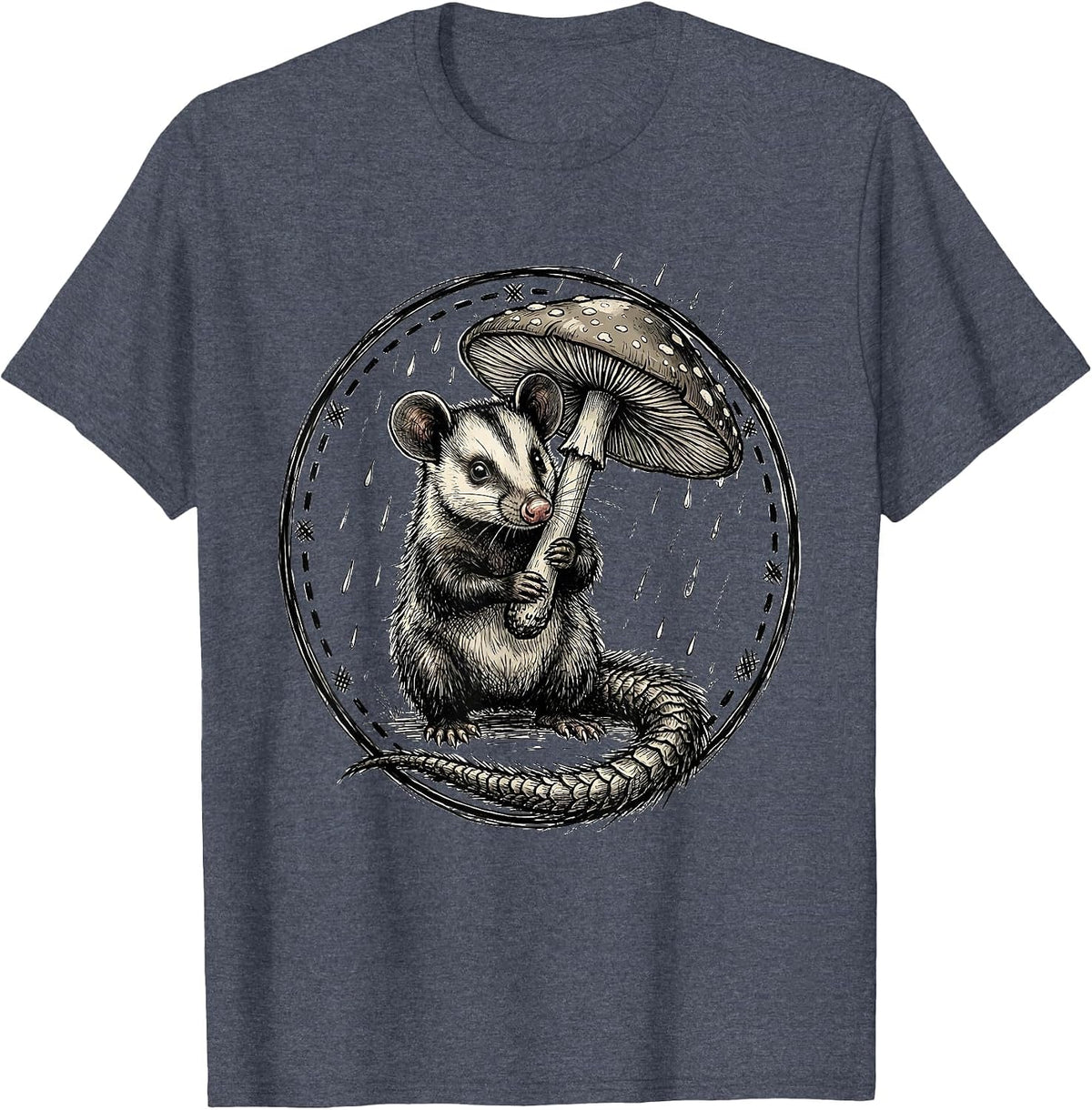 Opossum Holding Mushroom Umbrella Nature Art T-Shirt - Heather Blue