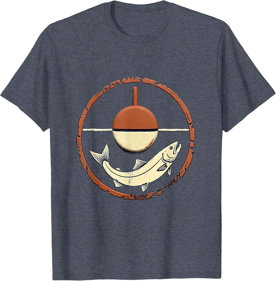 Trout Fishing Bobber Mountain Lake Illustration T-Shirt - Heather Blue