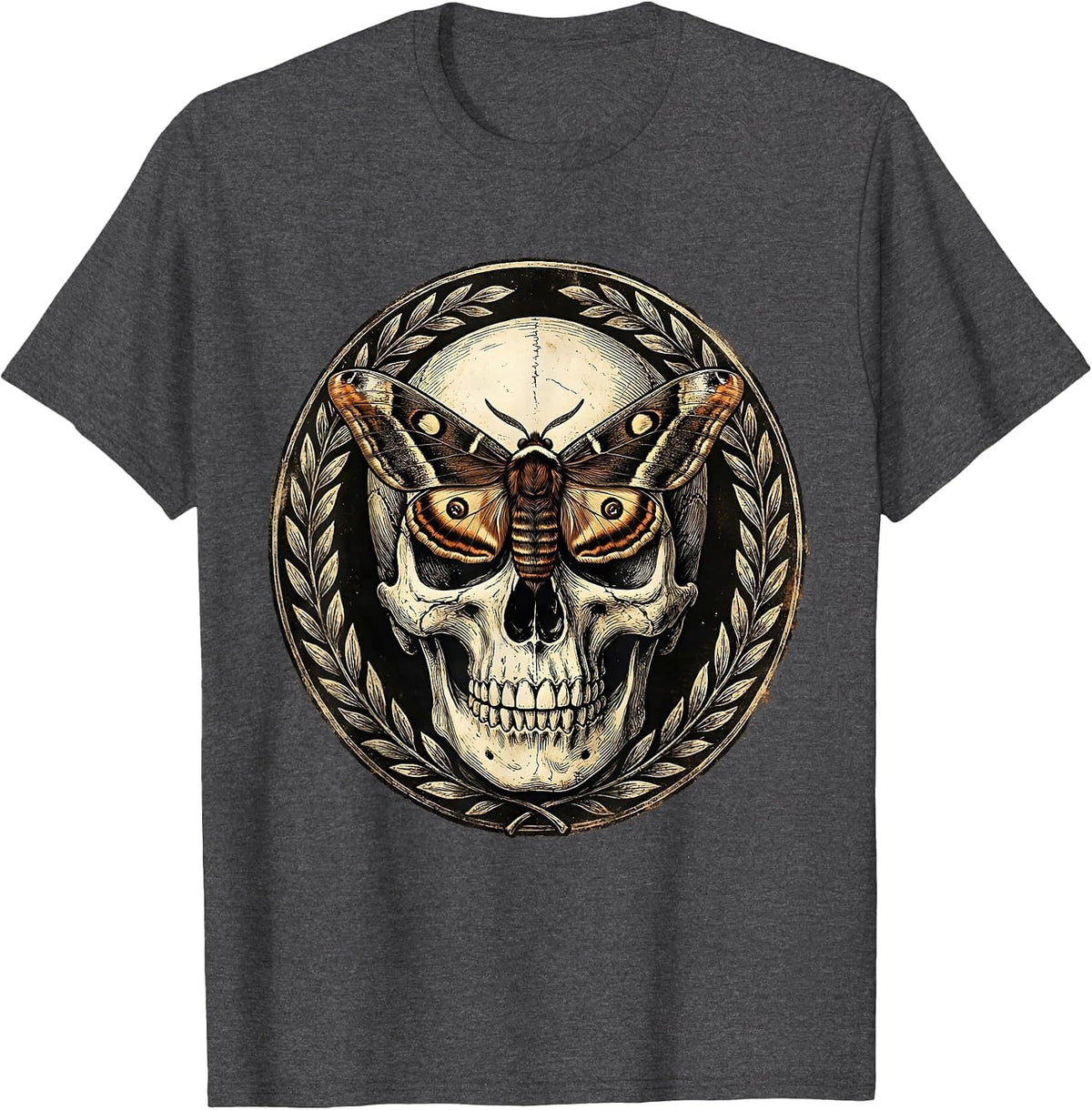 Skull and Moth Gothic Nature Illustration T-Shirt - Dark Heather Grey
