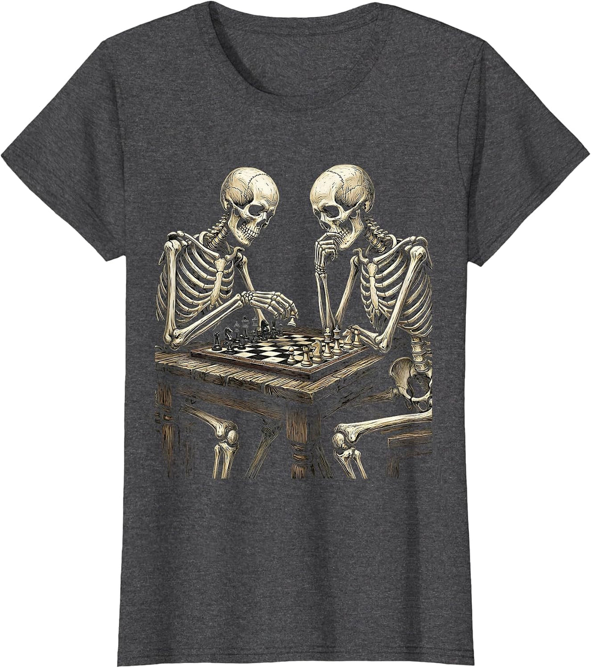 Women's Skeleton Chess Match Funny Halloween Design T-Shirt - Dark Heather Grey