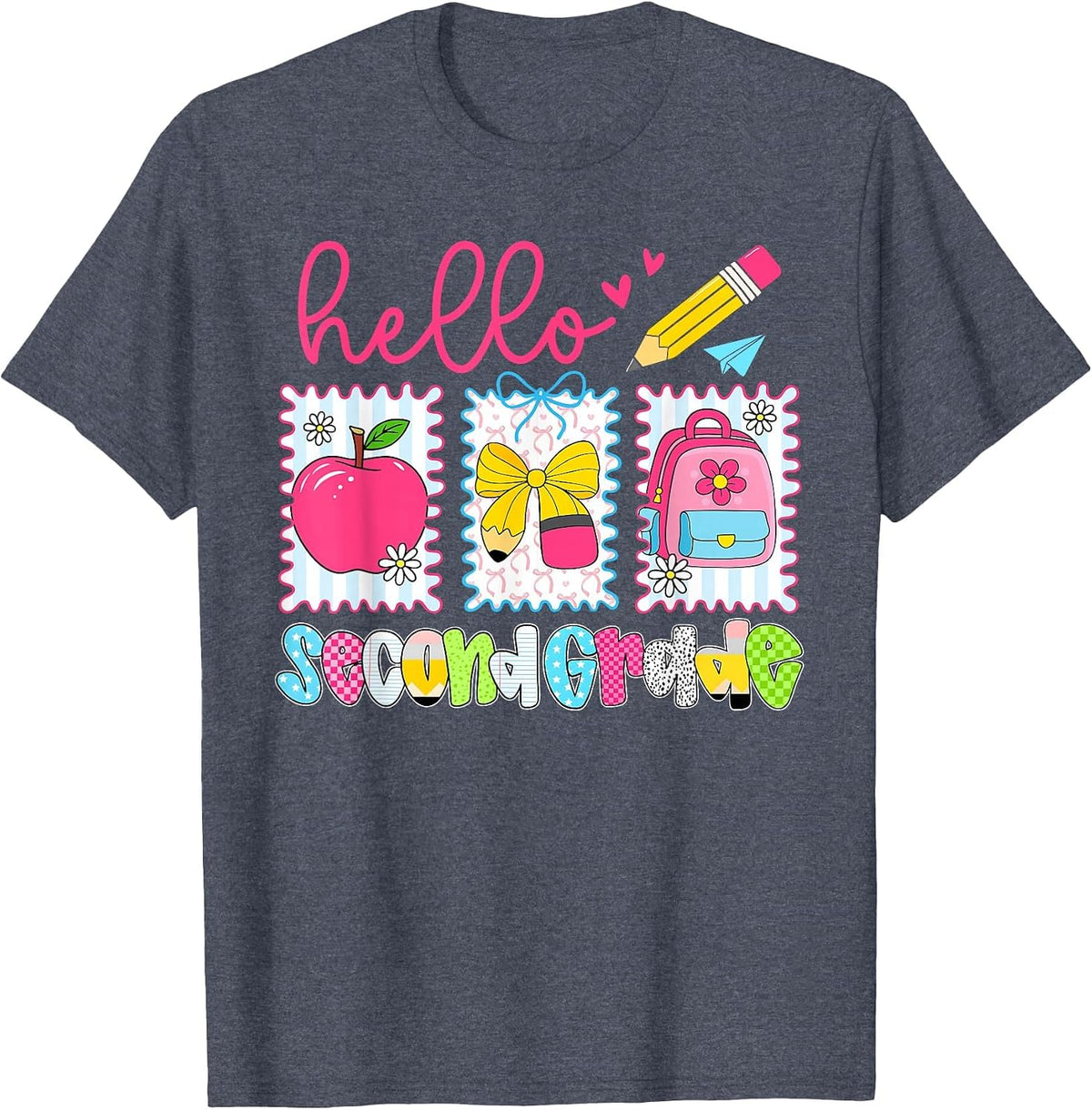 Preppy Hello Second Grade Team Back to School Teachers Kids T-Shirt, Men, Heather Blue, Large - As Pictured