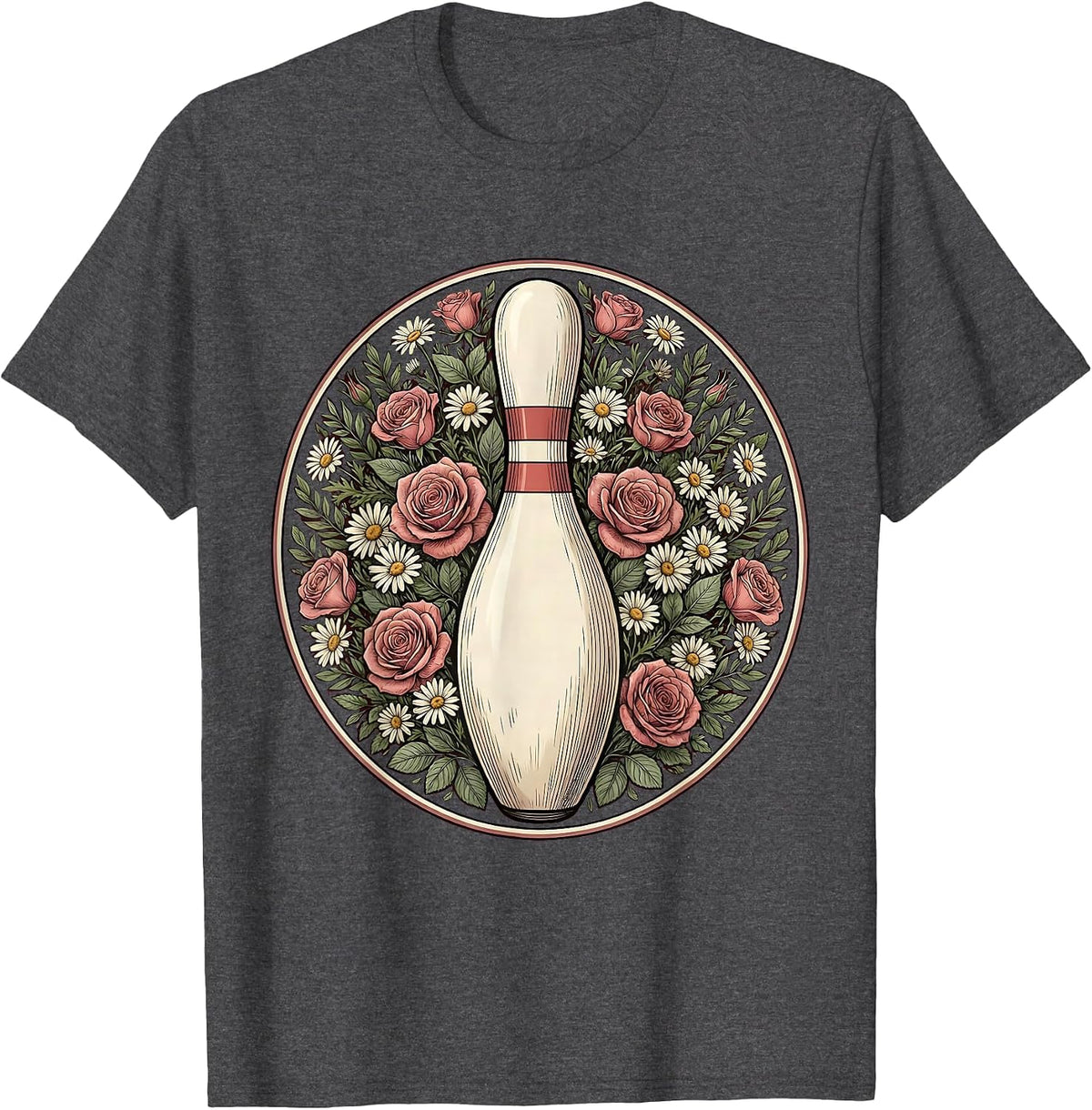 Floral Wreath Bowling Pin Illustration T-Shirt - Dark Heather Grey
