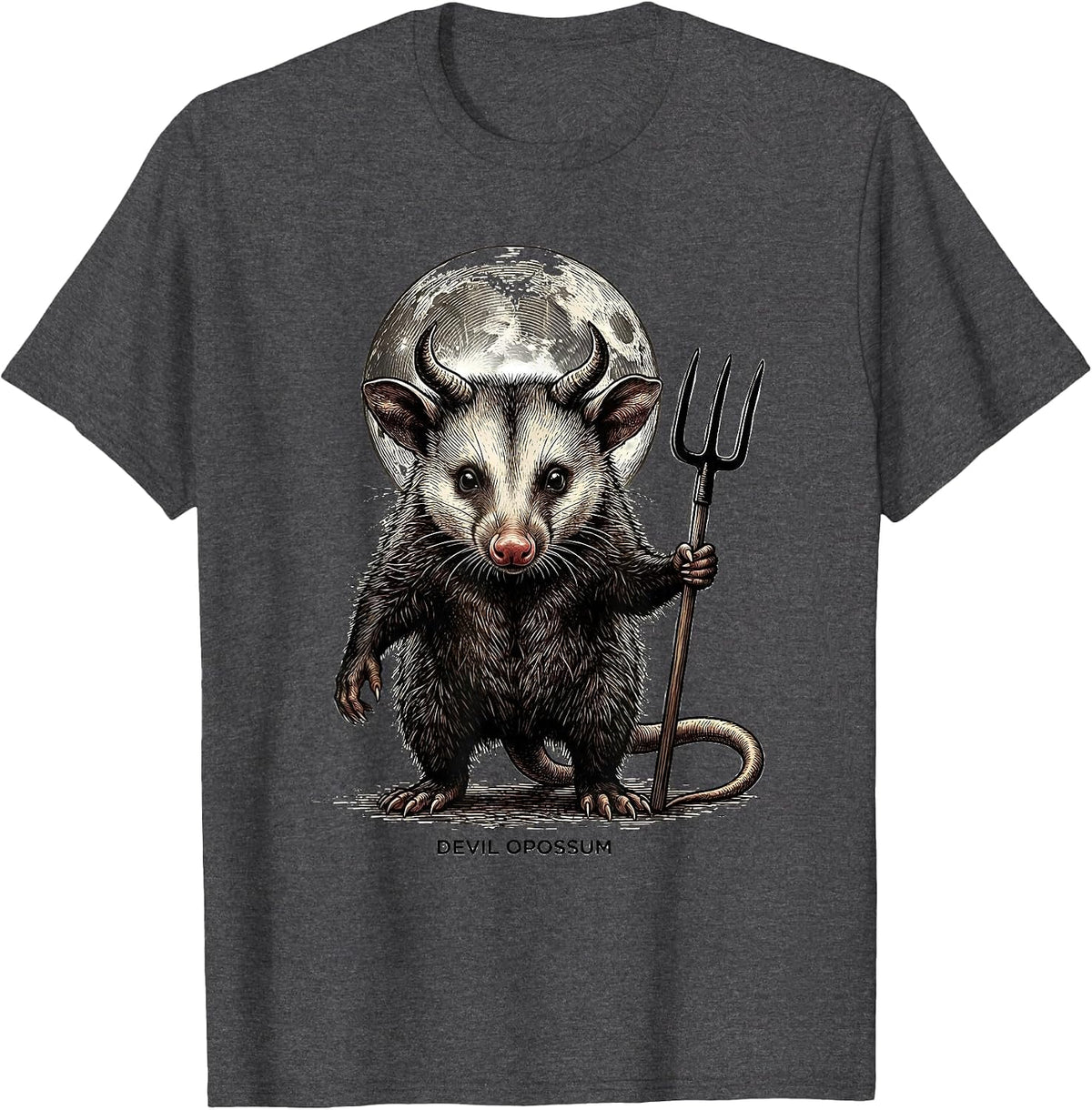Devil Opossum Crosshatch Etching Spooky Halloween Novelty T-Shirt - Dark Heather Grey