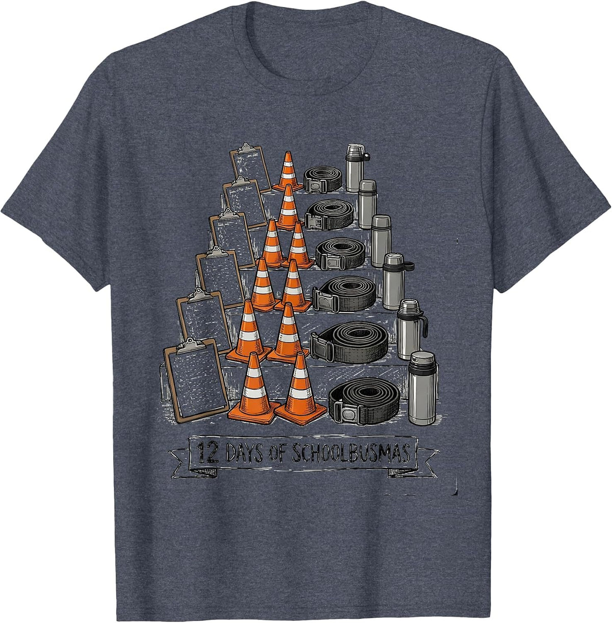12 Days of Schoolbusmas Hand-Sketched School Bus Driver T-Shirt - Heather Blue