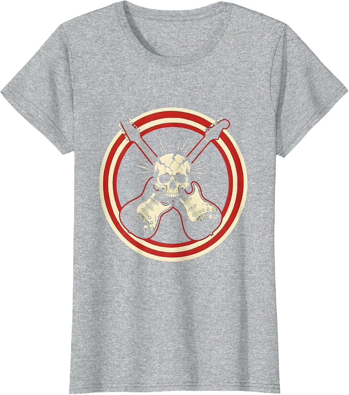 Crossed Guitars Cracked Skull Rock Graphic Tee T-Shirt - Heather Grey