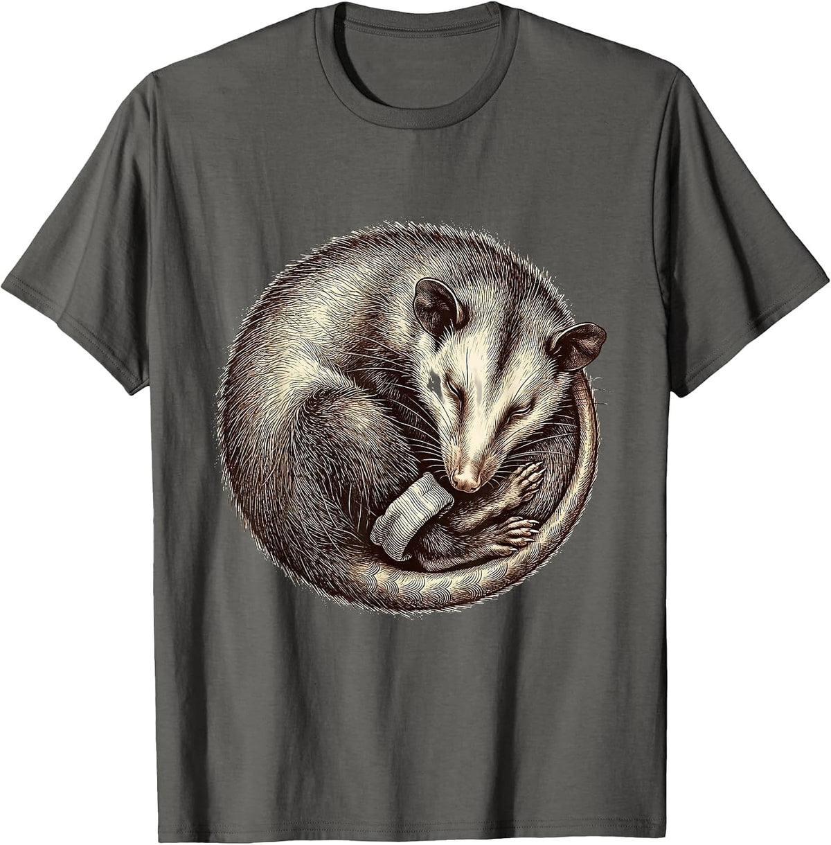 Sleepy Virginia Opossum Crosshatch Etching Cozy Pajama T-Shirt - Asphalt Grey