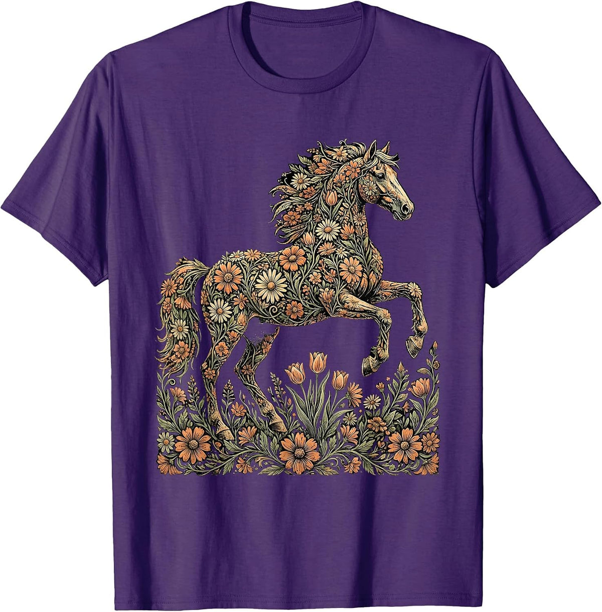 Men's Wildflower Horse Floral Botanical Art Design T-Shirt - Purple