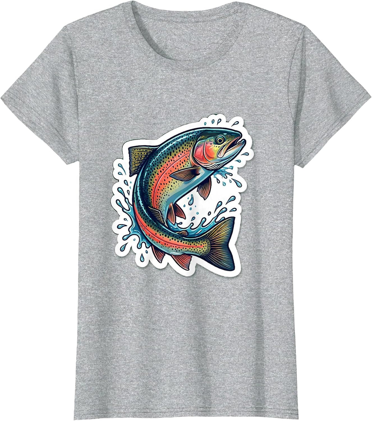 Trout Leaping Mountain Stream Fishing Illustration T-Shirt - Heather Grey