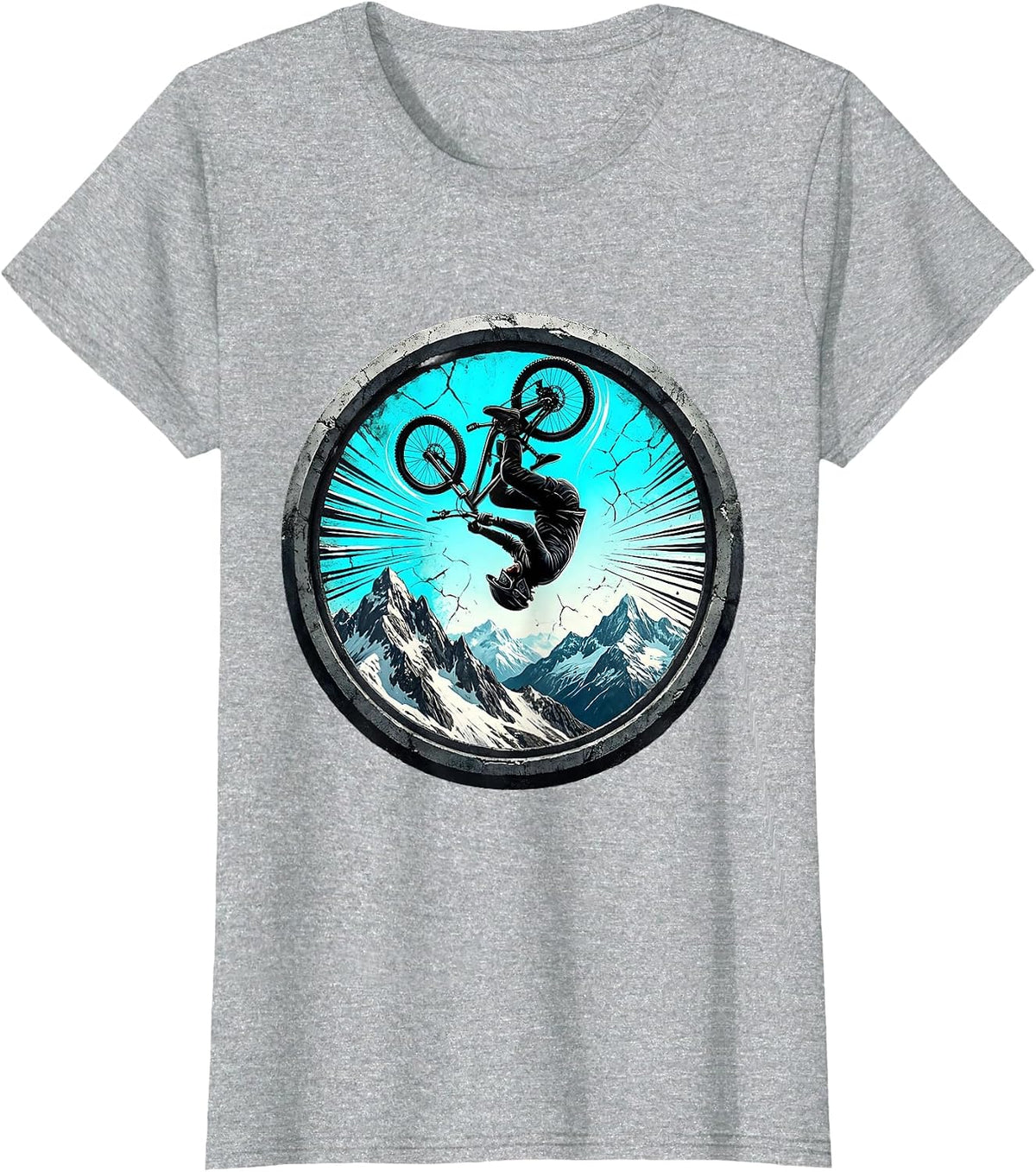 Mountain Bike Backflip Snowy Peaks Graphic T-Shirt - Heather Grey