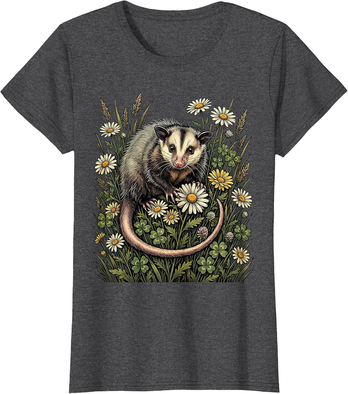 Women's Opossum in Wildflower Field Illustration T-Shirt - Dark Heather Grey