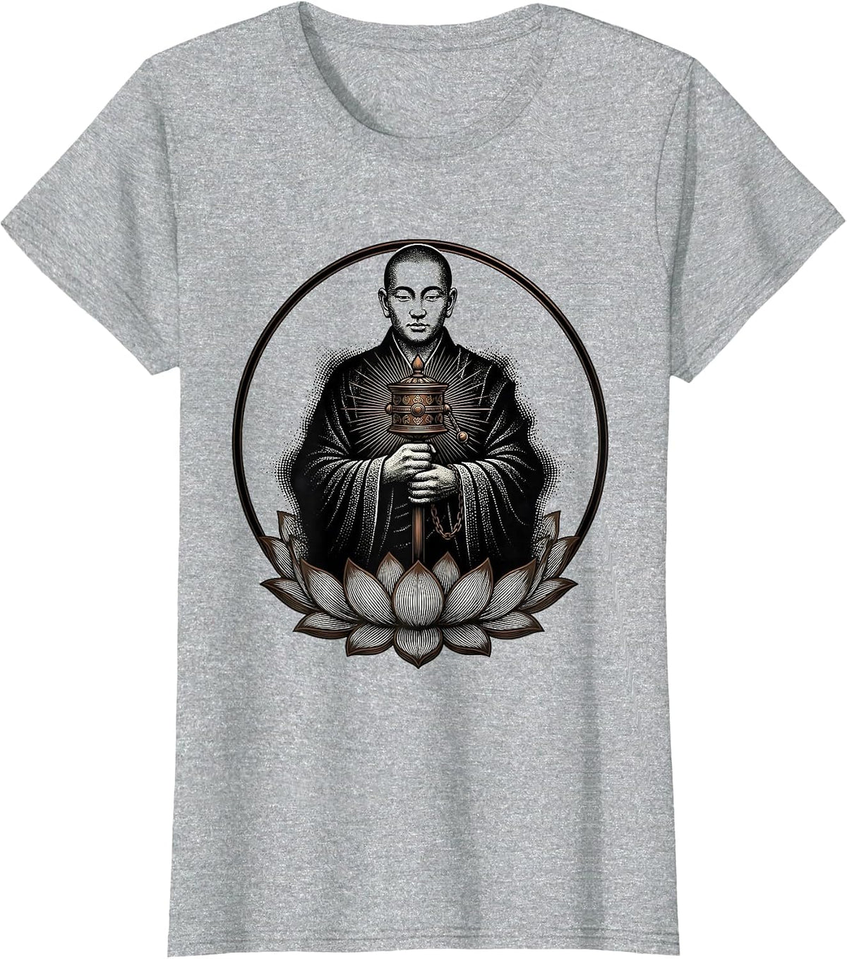 Women's Tibetan Monk with Prayer Wheel Illustration T-Shirt - Heather Grey