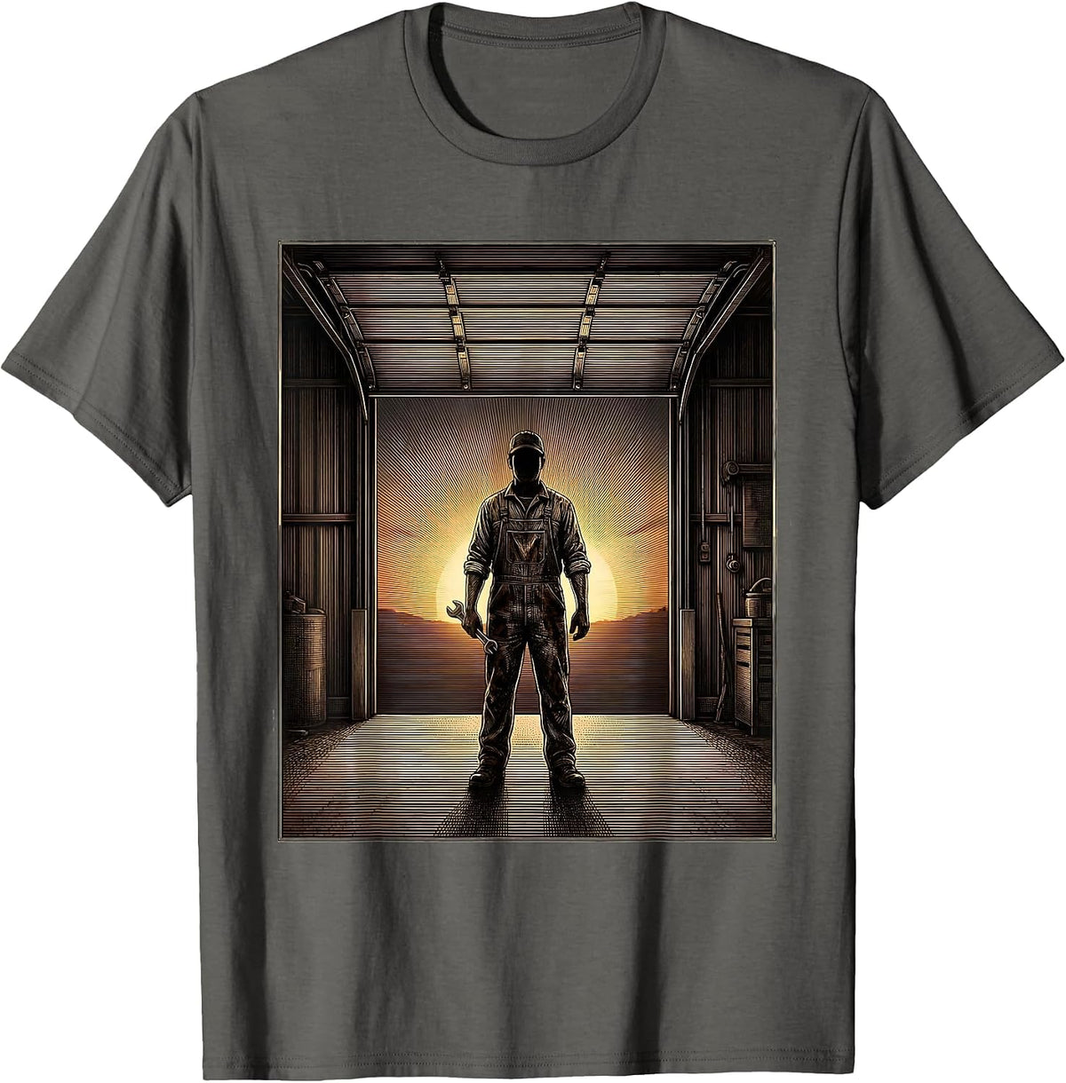 Mechanic Silhouette Garage Sunset Graphic T-Shirt - Asphalt Grey