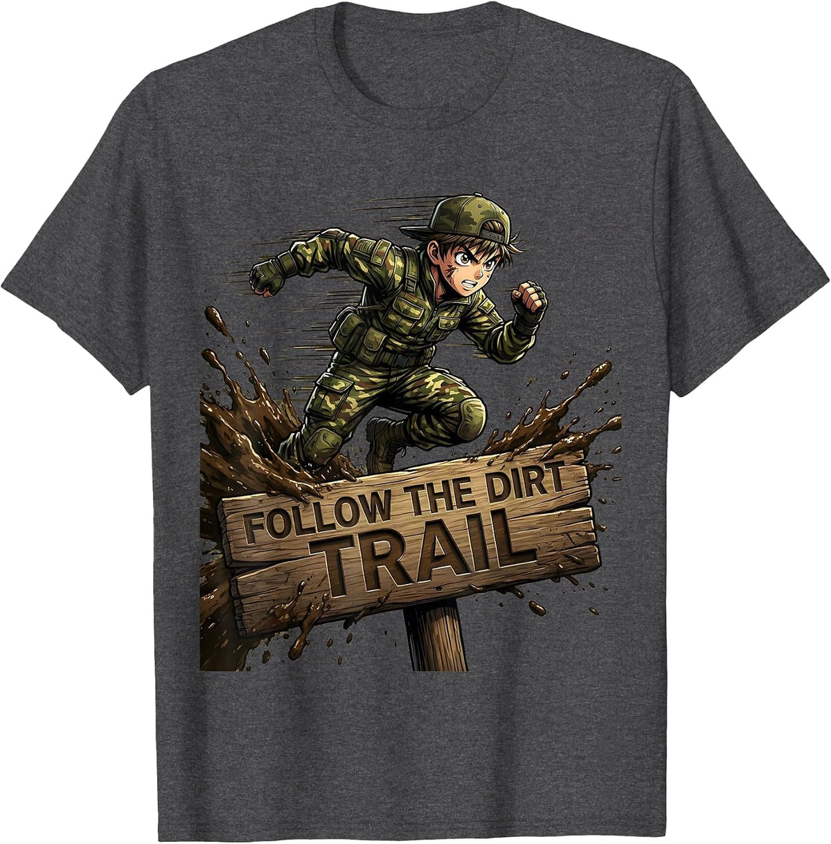 Boys Camo Follow the Dirt Trail Design T-Shirt - Dark Heather Grey