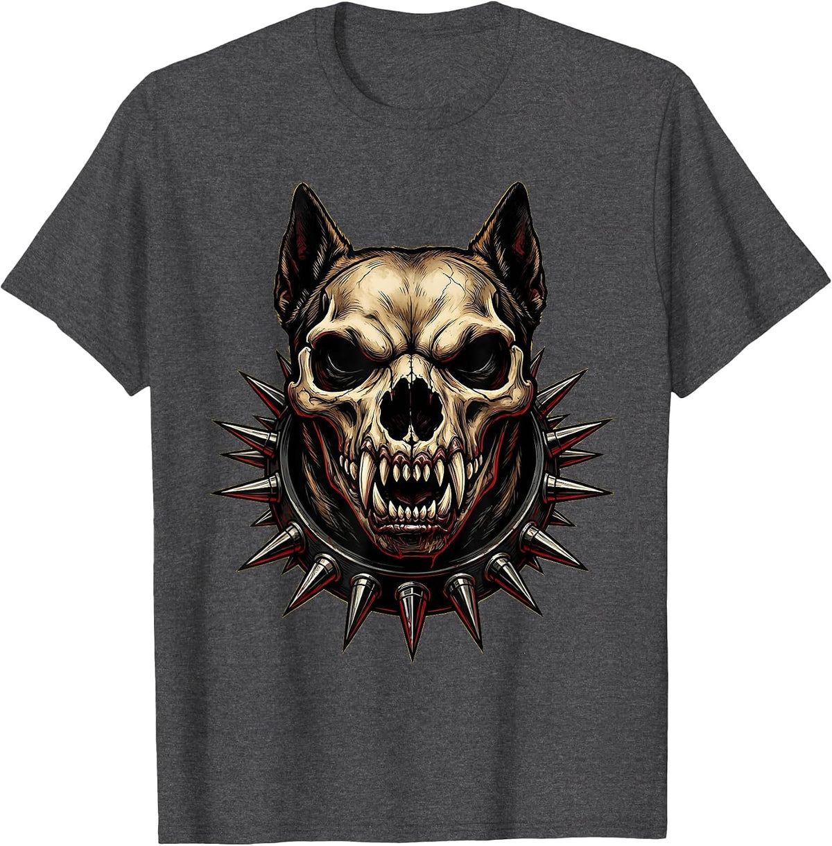 Punk Snarling Spiked Collar Dog Graphic T-Shirt - Dark Heather Grey