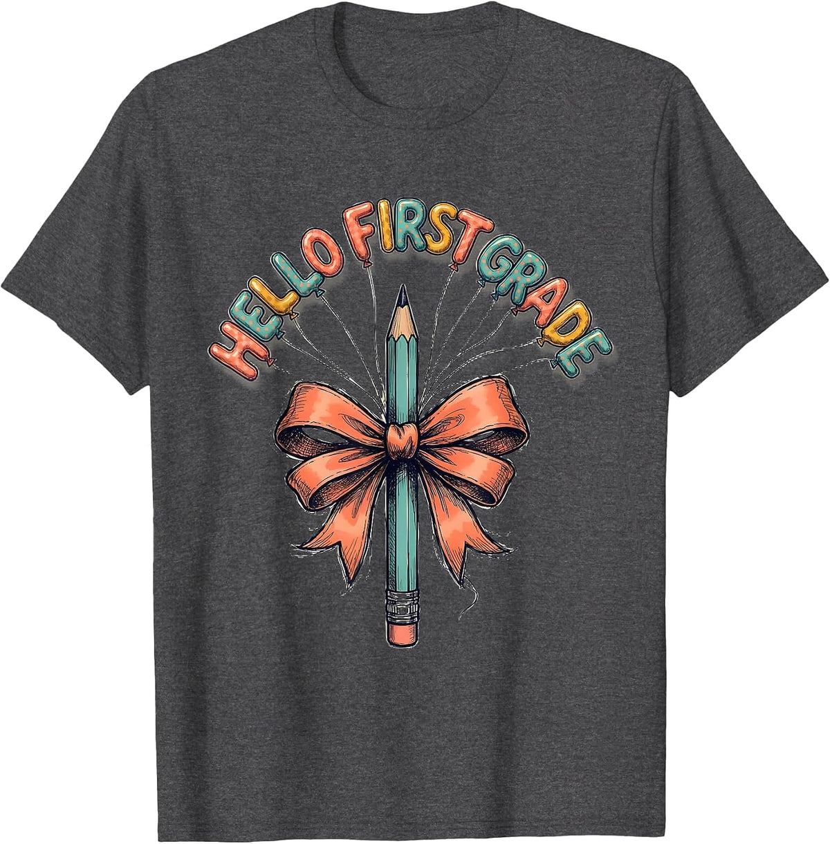 Hello First Grade Cute Back to School Pencil Bow Gift T-Shirt - Dark Heather Grey