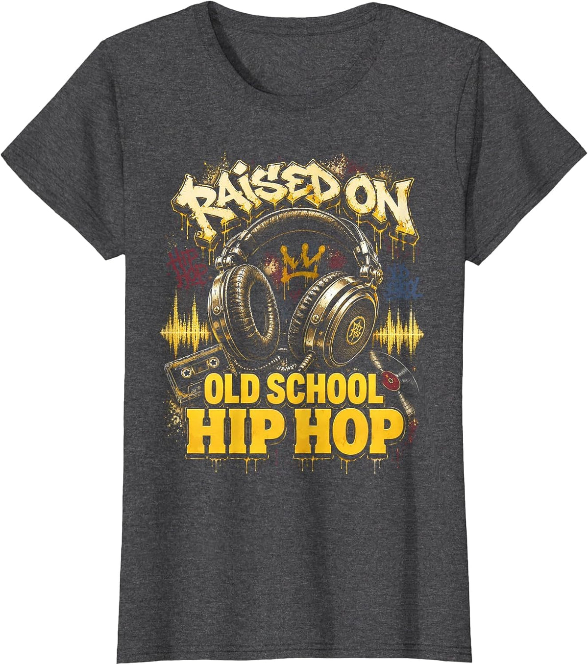 Raised On Old School Hip Hop Cassette Graffiti Rap T-Shirt, Women, Dark Heather Grey, Medium - As Pictured