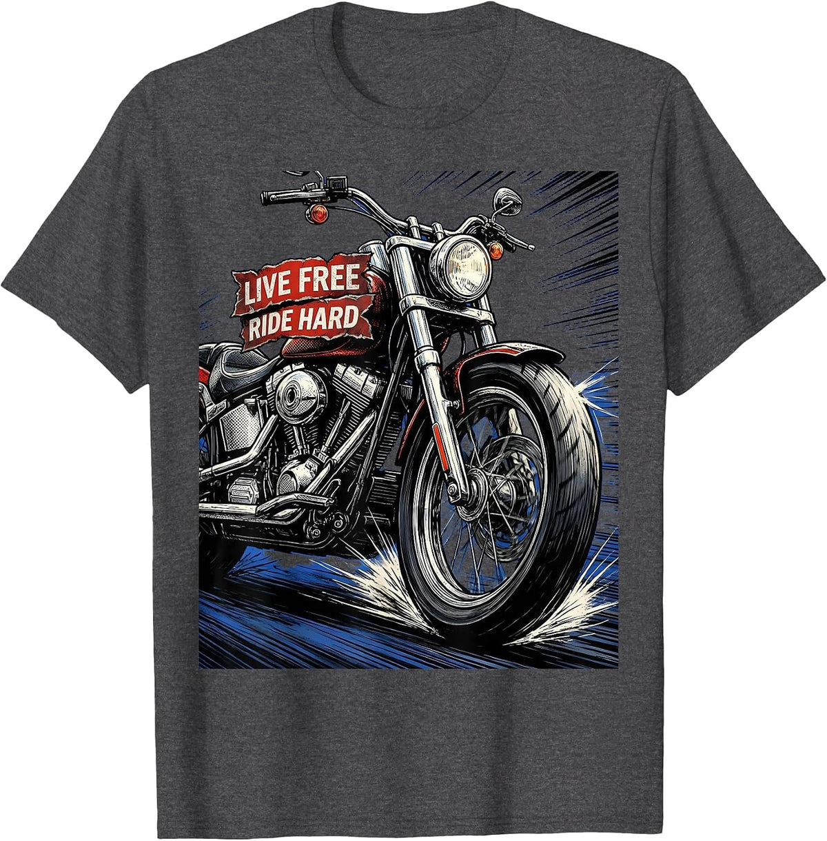 Live Free Ride Hard Biker Graphic Design T-Shirt - Dark Heather Grey