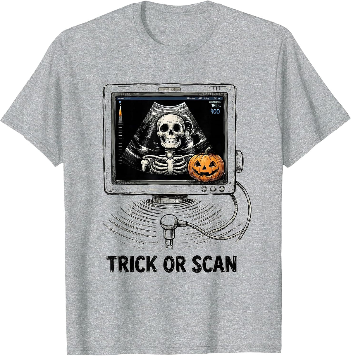 Men's Trick Or Scan Hand-Sketched Ultrasound Tech Halloween Humor T-Shirt - Heather Grey