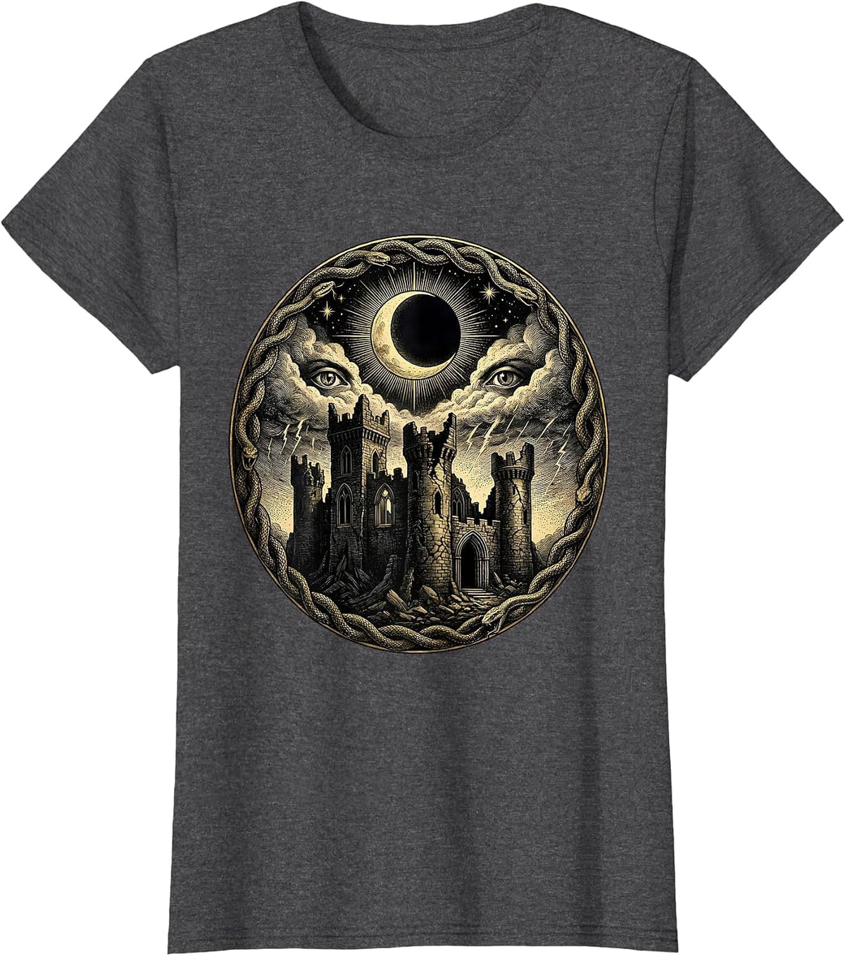 Women's Crumbling Castle Blood Red Storm Heavy Metal Art T-Shirt - Dark Heather Grey