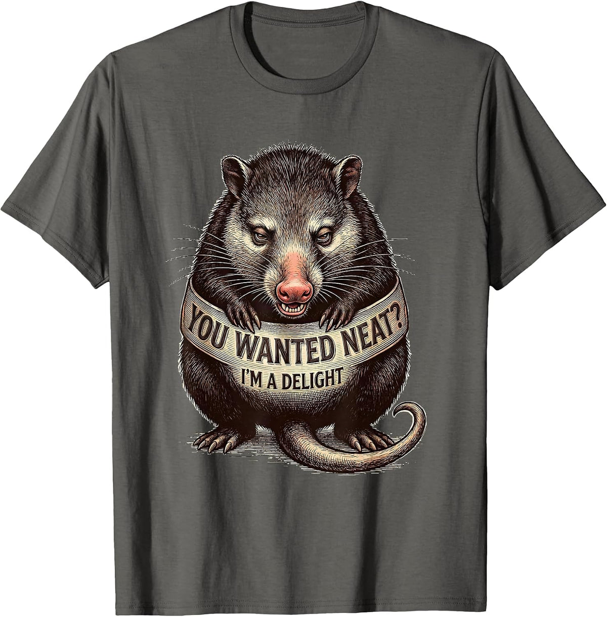 Men's You Wanted Neat? I'm A Delight Funny Opossum Animal Meme T-Shirt - Asphalt Grey