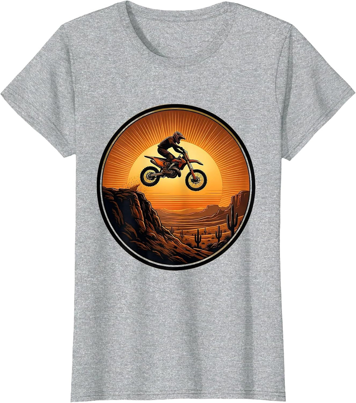 Dirt Bike Silhouette Against Setting Sun Graphic T-Shirt - Heather Grey