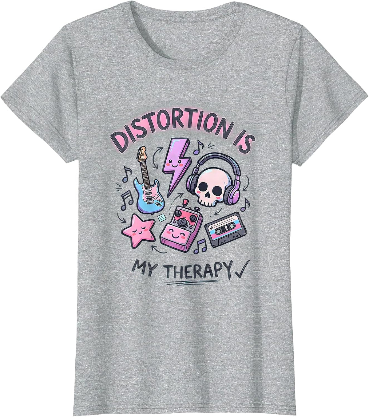 Women's Distortion Is My Therapy Metal Band Design T-Shirt - Heather Grey