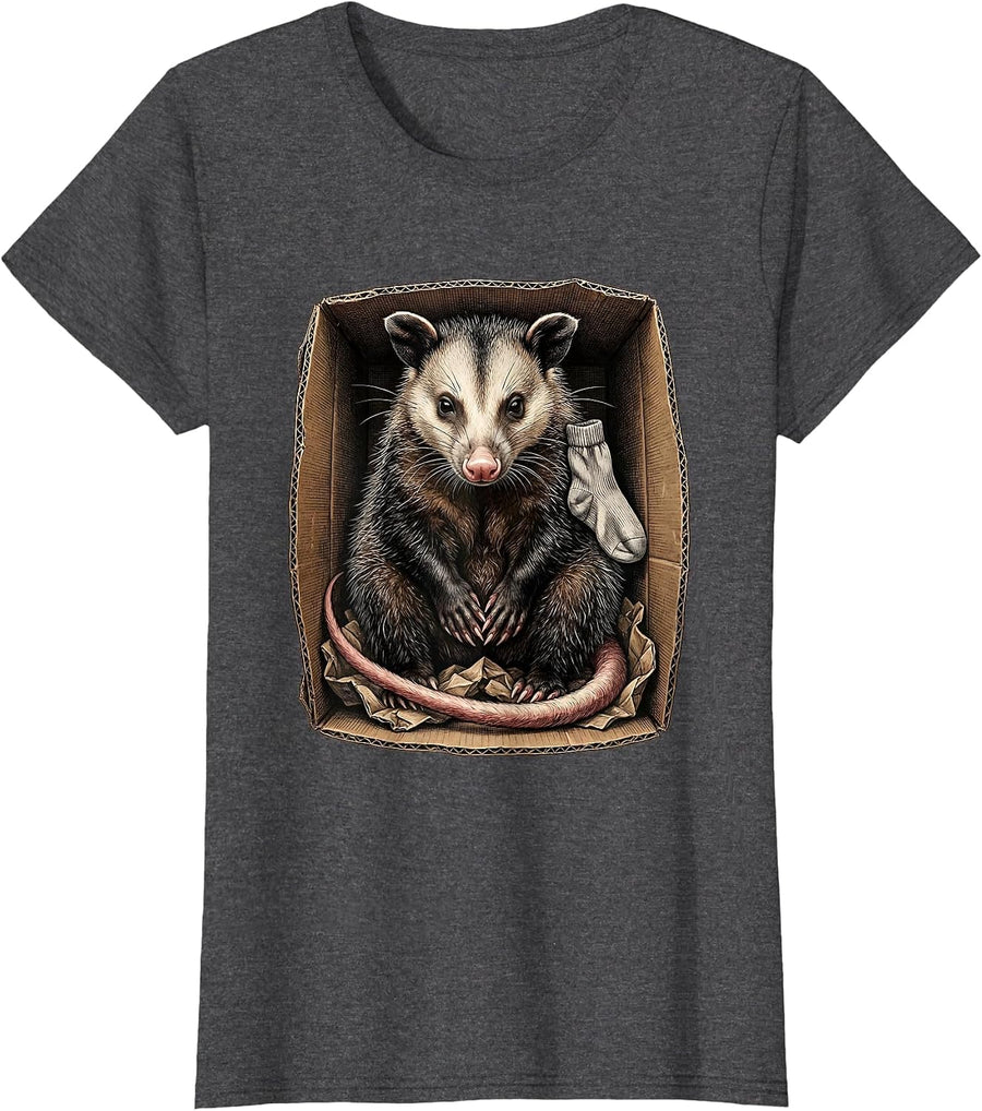Opossum In Cardboard Funny Animal Meme Humor T-Shirt, Women, Dark Heather Grey, Small - As Pictured