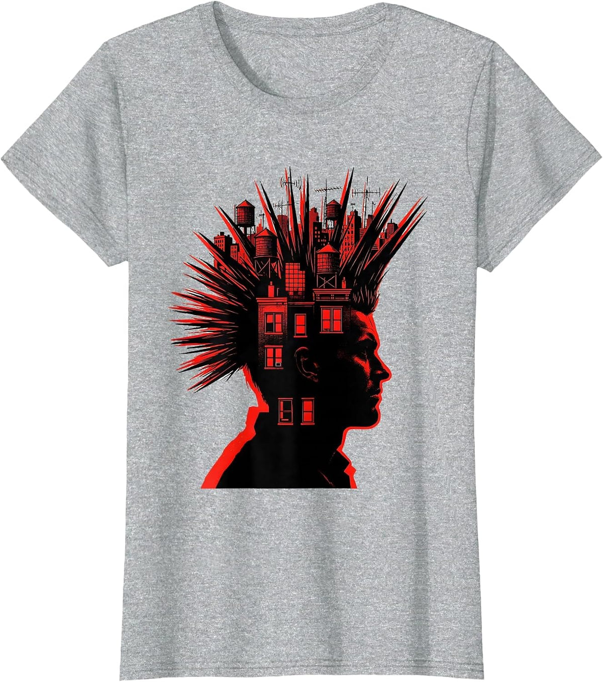 Punk Mohawk City Skyline Silhouette Design T-Shirt - Heather Grey