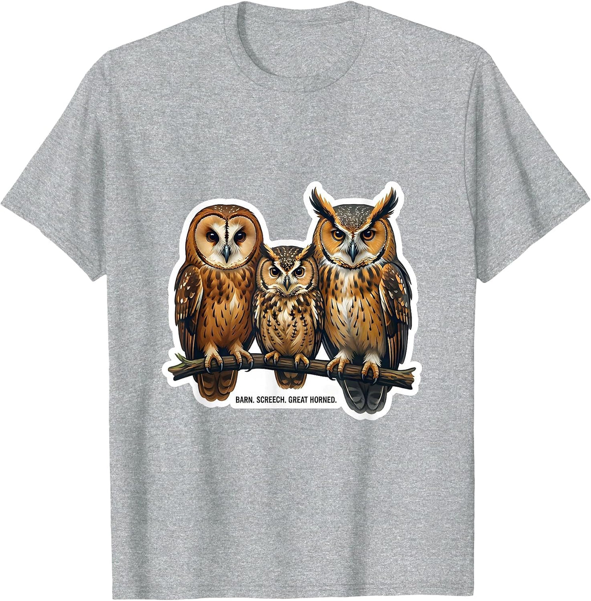 Men's Barn. Screech. Great Horned Funny Owl Lover Birdwatcher T-Shirt - Heather Grey