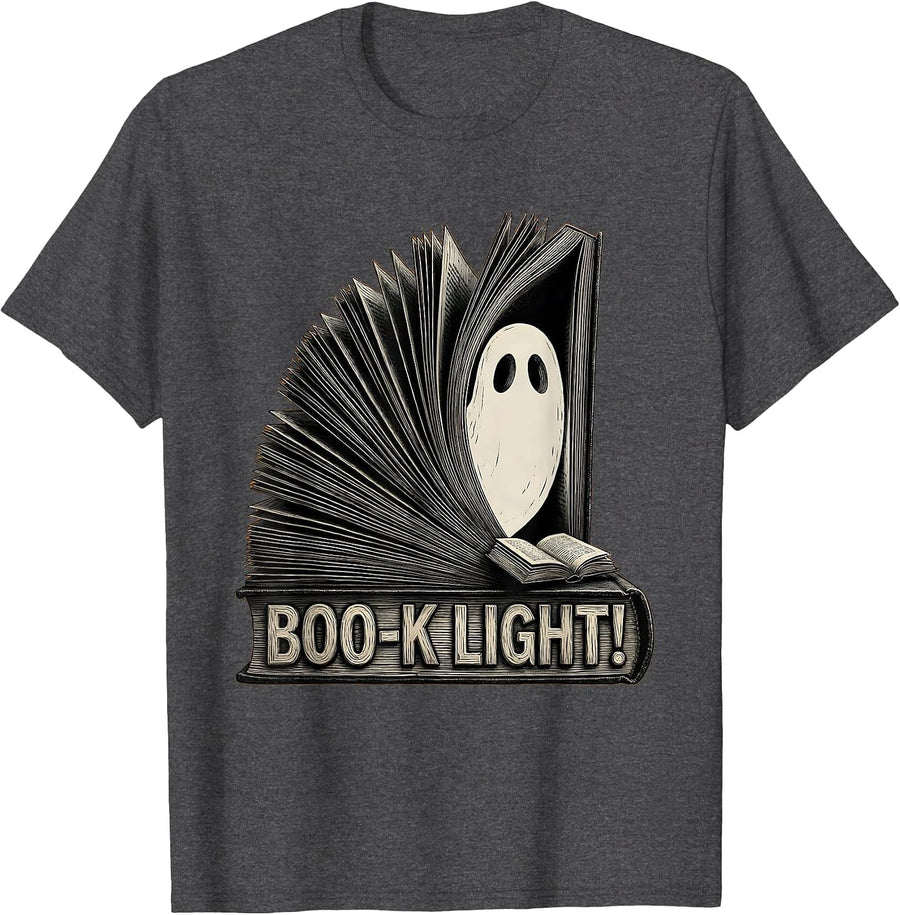 Men's Boo-k Light! Whimsical Cozy Ghost Book Lover Halloween T-Shirt - Dark Heather Grey