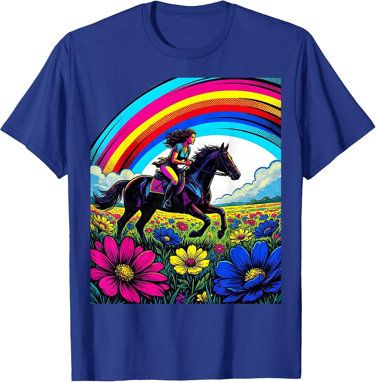 Rainbow Meadow Horse Rider Colorful Nature Art T-Shirt - Royal Blue