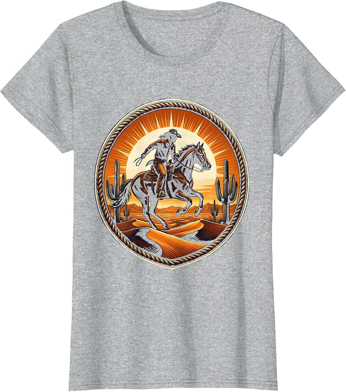 Women's Cowboy Riding Horse Desert Sunset Graphic T-Shirt - Heather Grey