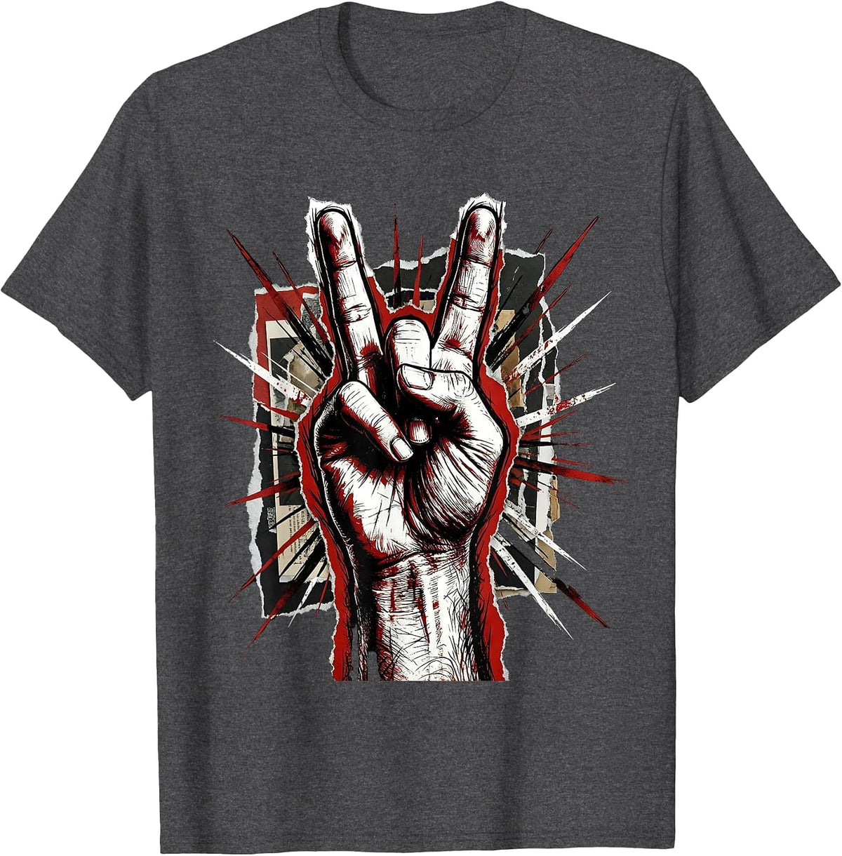 Rock On Devil Horns Hand Sign Graphic T-Shirt - Dark Heather Grey