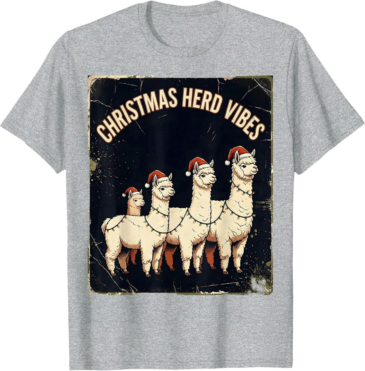 Men's Christmas Herd Vibes Distressed Funny Llama Lover Christmas T-Shirt - Heather Grey
