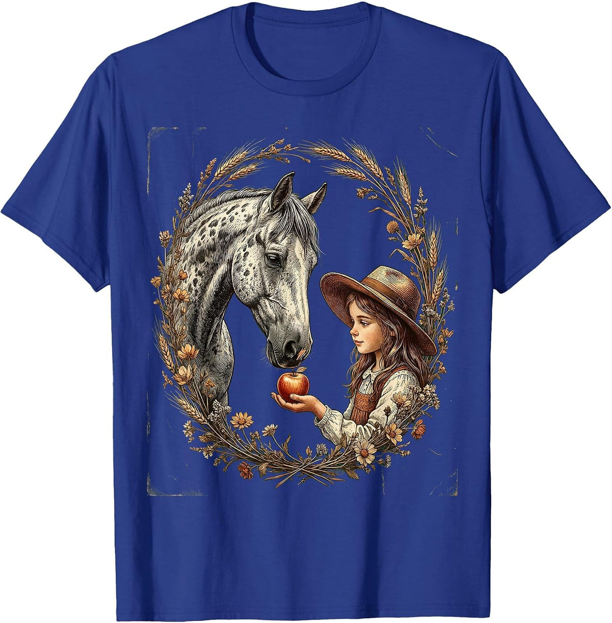 Girl Feeding Apple to Dappled Horse Illustration T-Shirt - Royal Blue