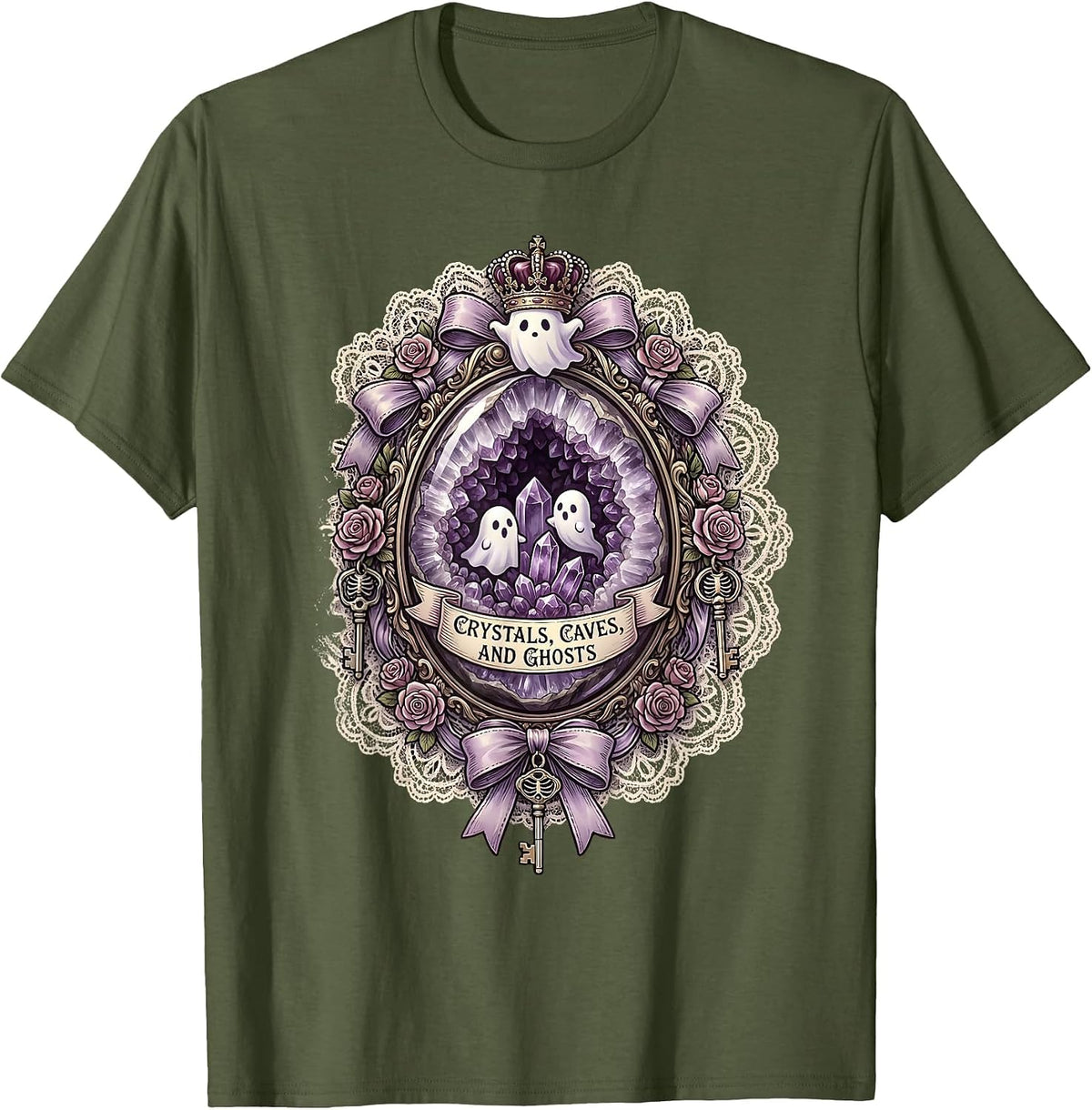Halloween Ghost Cave Crystal Formation Design T-Shirt - Olive Green
