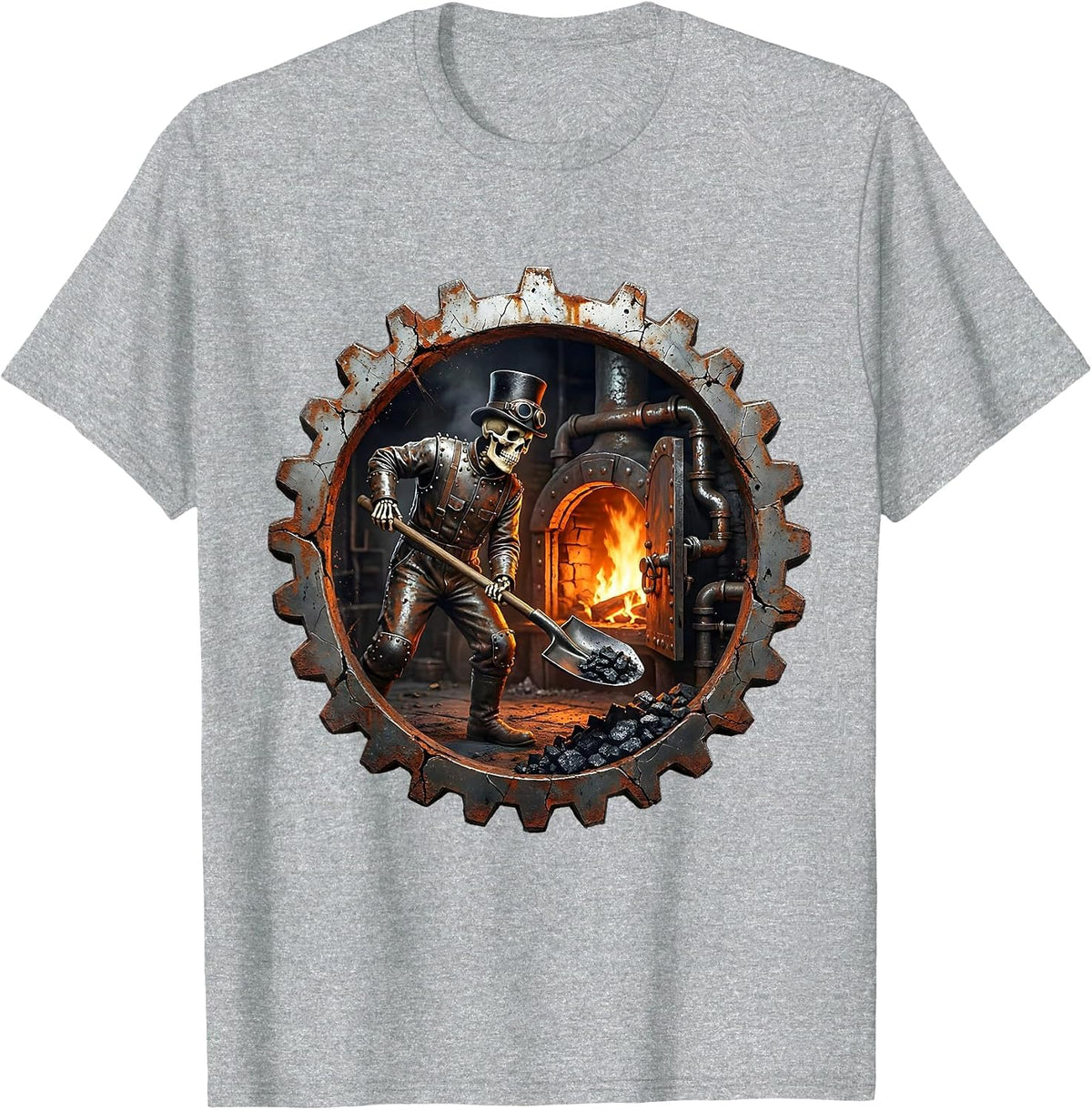 Men's Steampunk Skeleton Engineer Shoveling Coal Art T-Shirt - Heather Grey