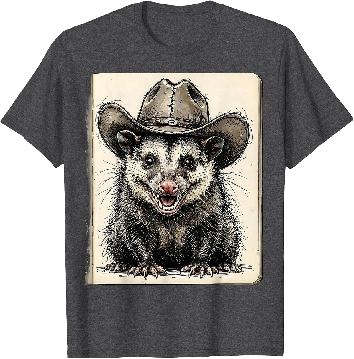 Cowboy Opossum Cute Funny Western Wildlife Art T-Shirt - Dark Heather Grey