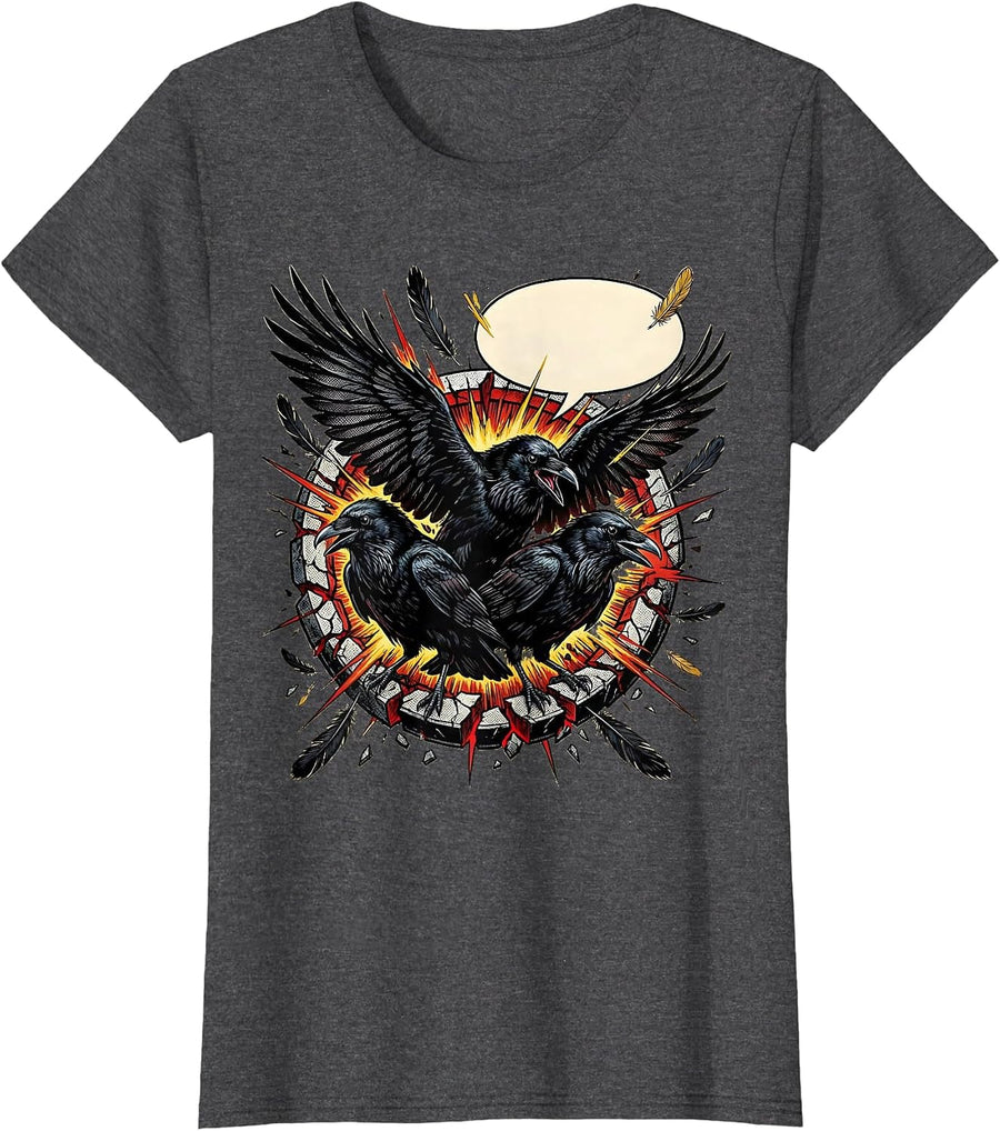 Women's Crow Murder Burst Comic Book Gothic Bird Humor T-Shirt - Dark Heather Grey