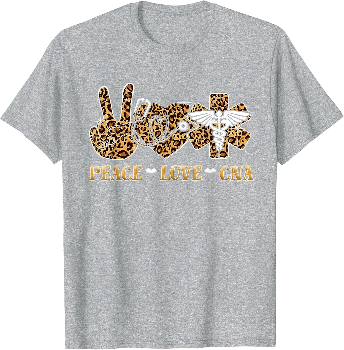 Peace Love CNA Nurse Life Leopard Print Stethoscope Heart Tee T-Shirt - Heather Grey