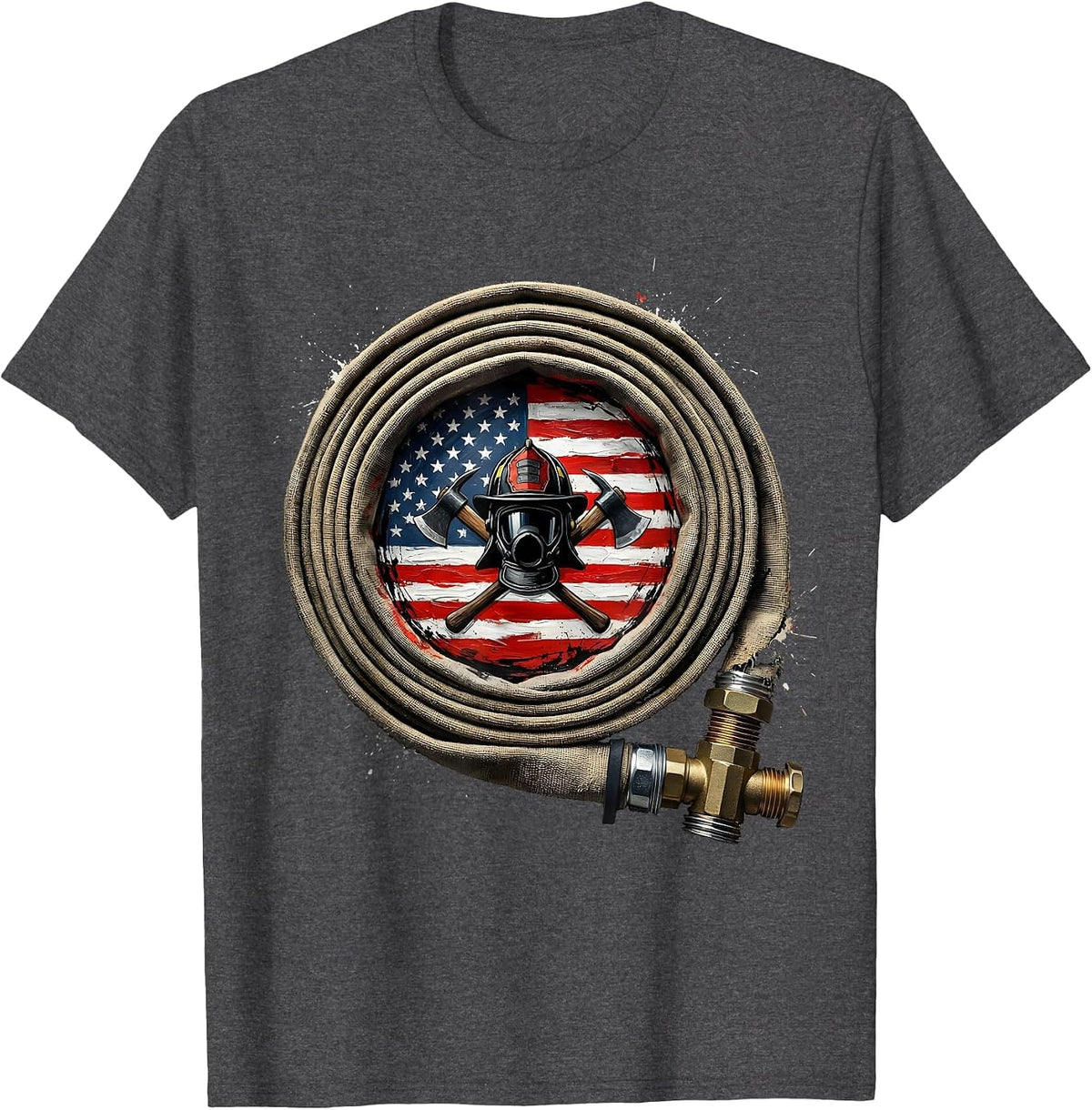 Firefighter Coiled Fire Hose Graphic Tee T-Shirt - Dark Heather Grey
